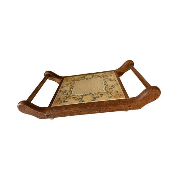 Antique vintage wood serving tray with handles handcrafted 13.5" ceramic tile - Picture 4 of 13